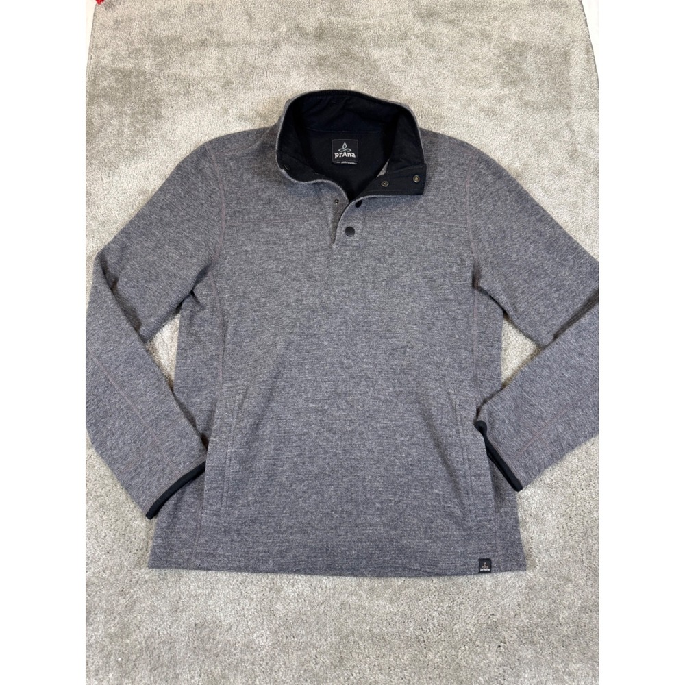 Prana Mens Gray Snap Neck Pullover Sweater Mock Neck Fleece Jacket Medium